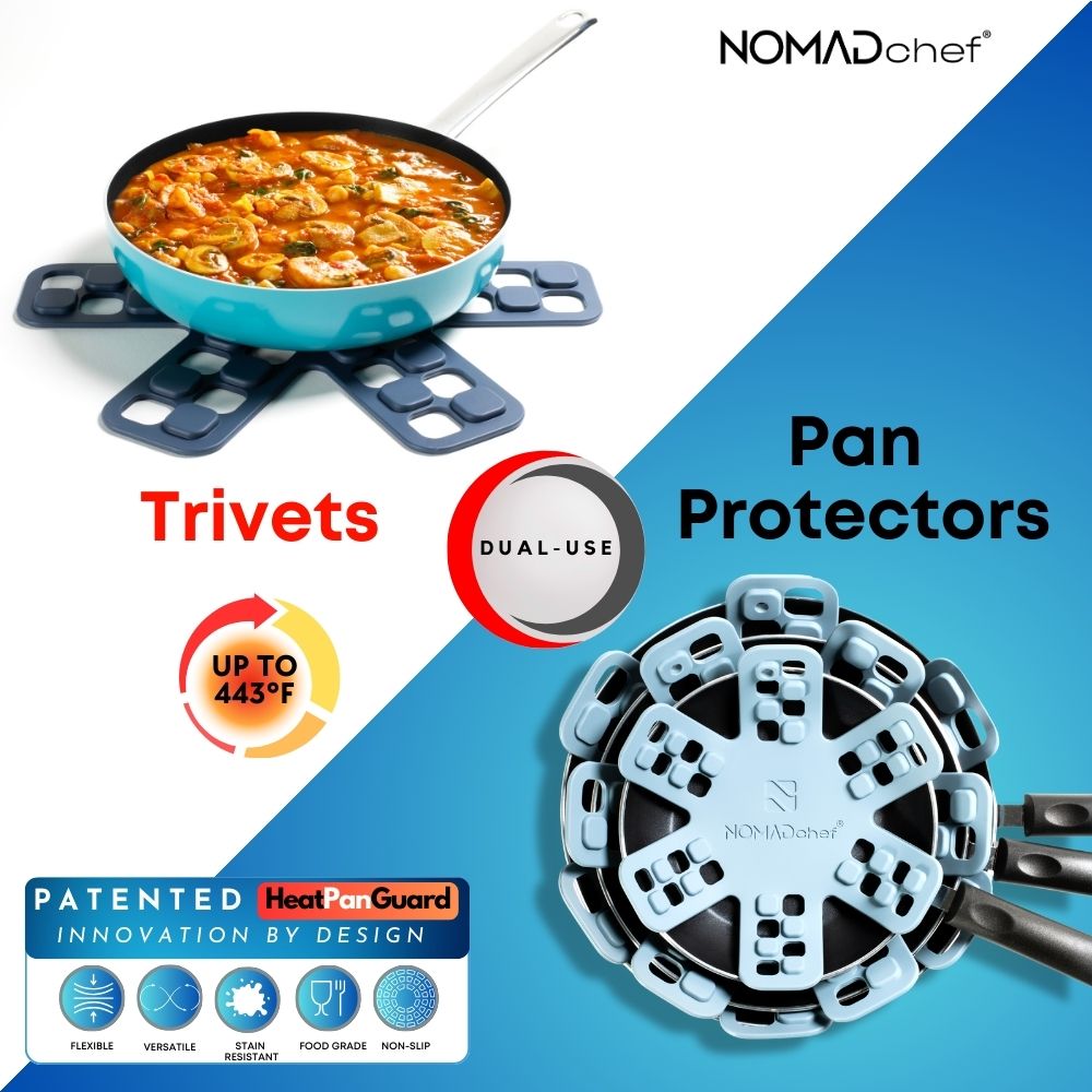 NOMADchef pan protectors and trivets with a pan of food on a white background