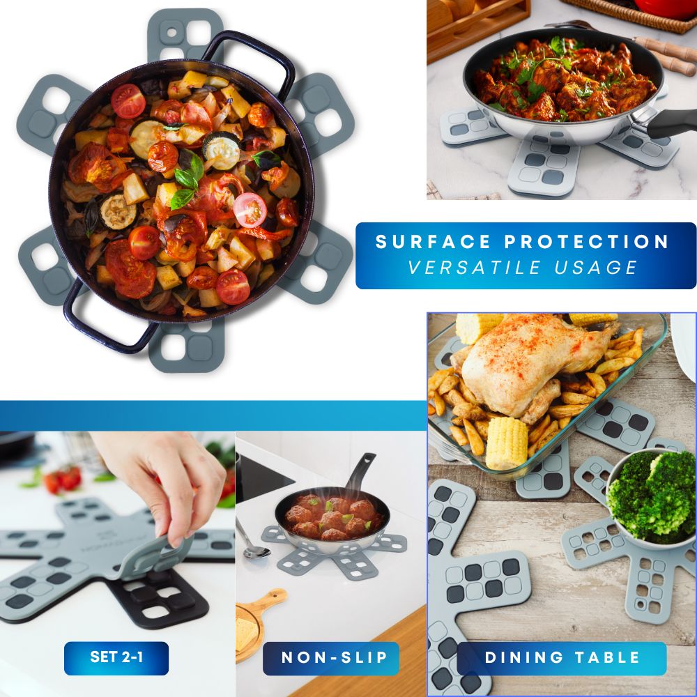 Collage of kitchen items with surface protection mats and food on a table.