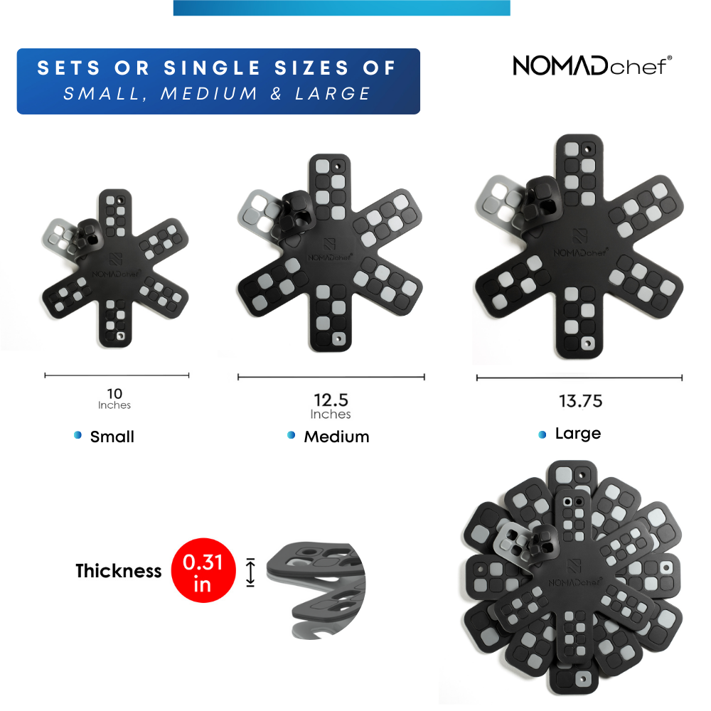 Nomad Chef product set with size comparison chart on a white background