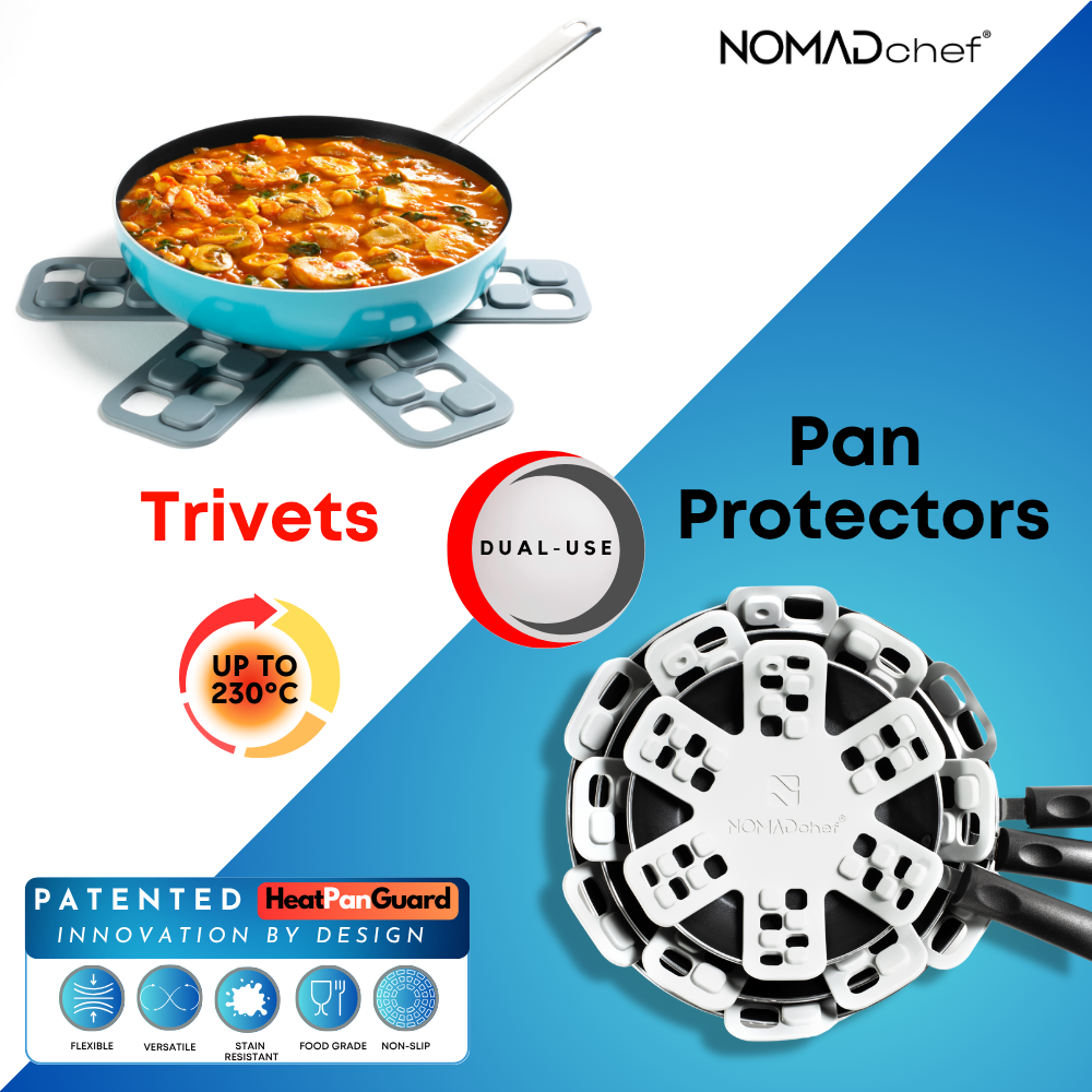NOMADchef pan protectors and trivets with a blue and white background