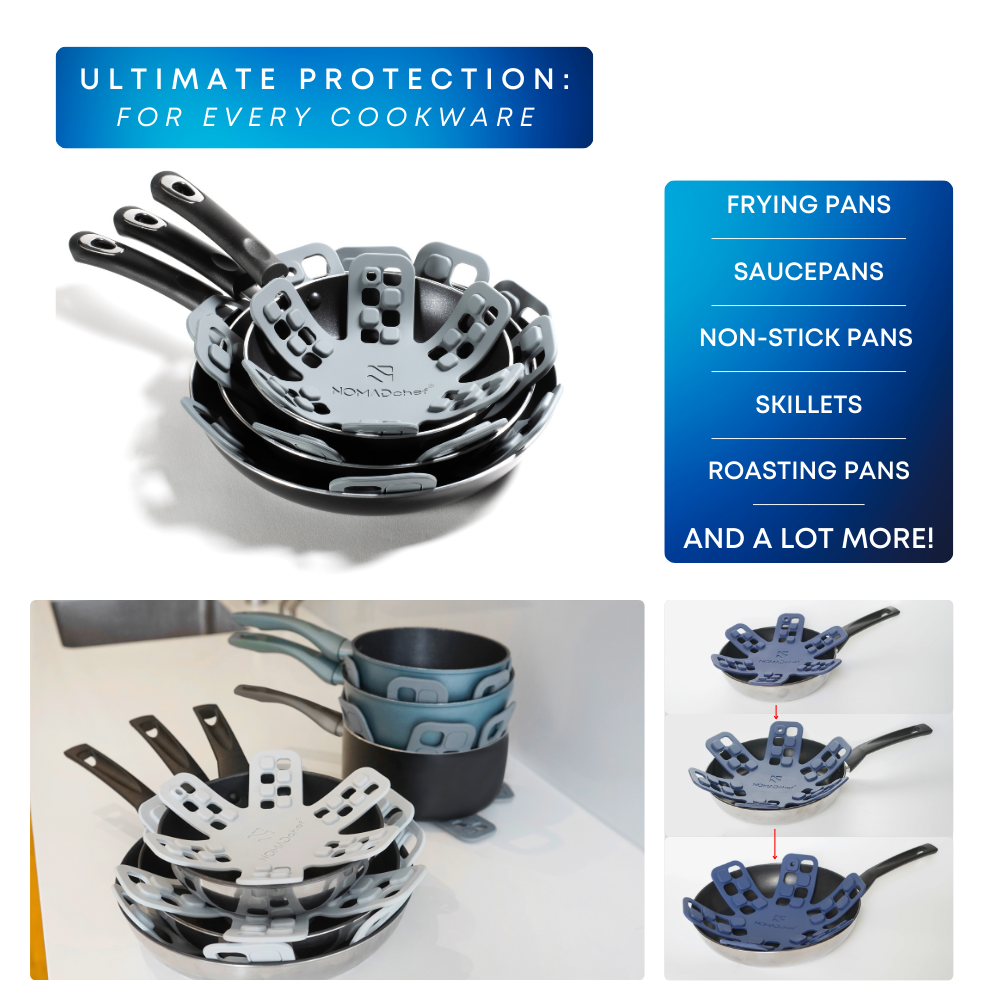 Protective covers for frying pans, saucers, non-stick pans, skillets, and roasting pans on a white background.