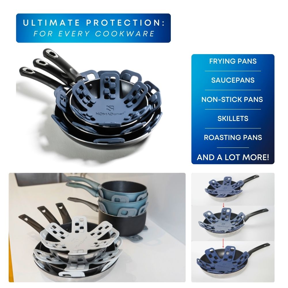 Set of protective covers for frying pans, saucepans, and other cookware on a white background.