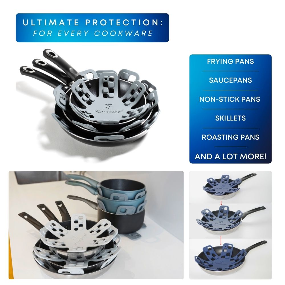 Protective covers for frying pans, saucepans, non-stick pans, skillets, and roasting pans on a white background.